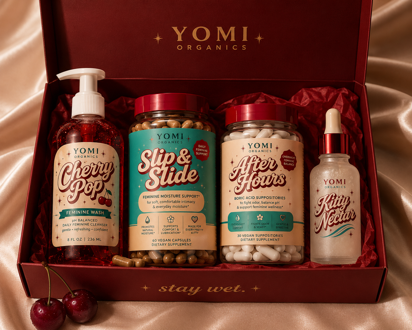 Yomi Organics full routine bundle — Cherry Pop, Slip & Slide, After Hours, Kitty Nectar